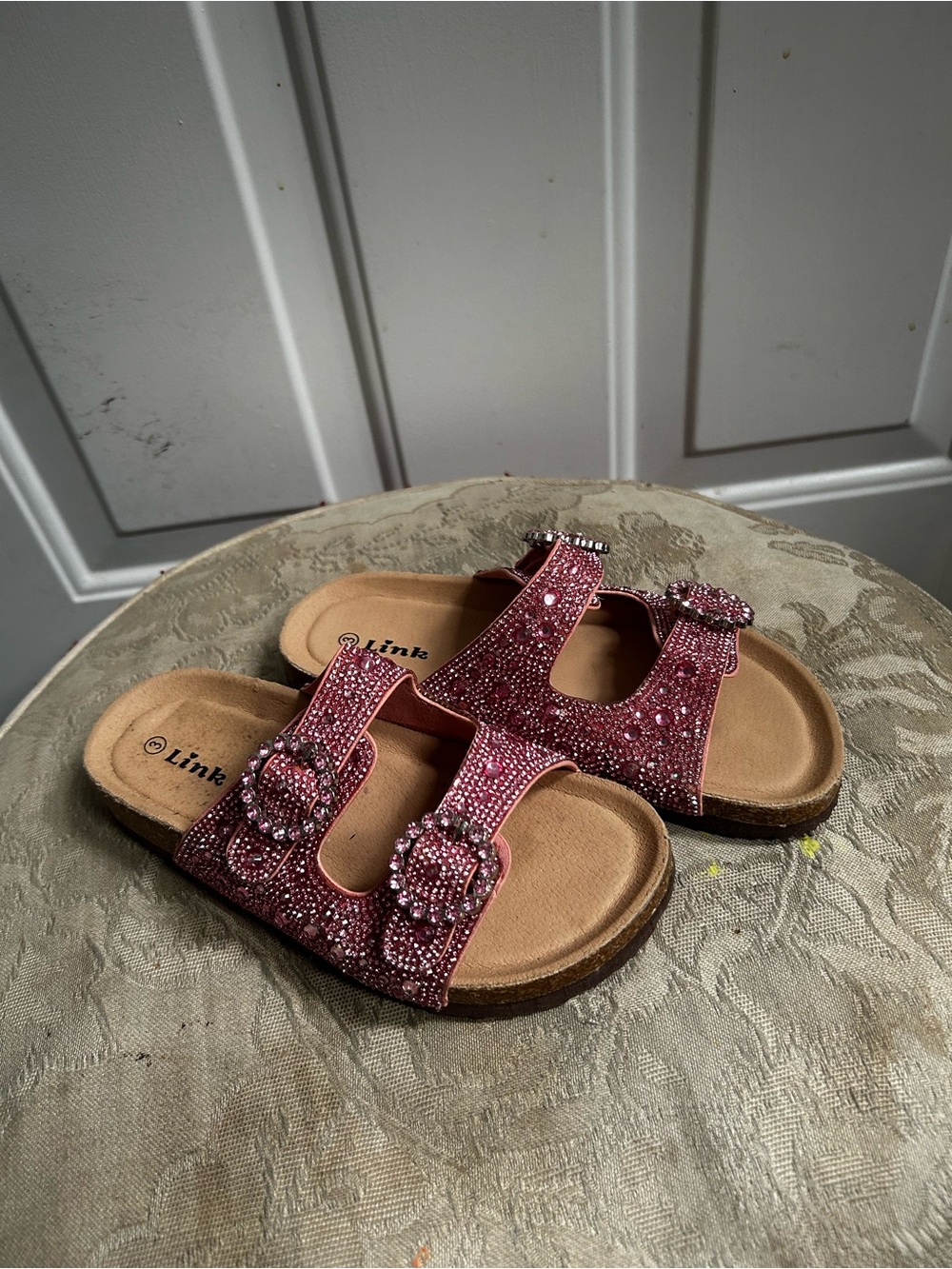 Link girls Pink Crystal Double-Buckle Slide Sandals Sz 3